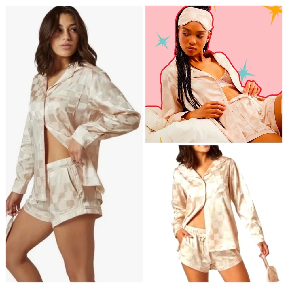 NWT! Silky Jacquard Checkered 3-piece PJ Set in Champagne - size small